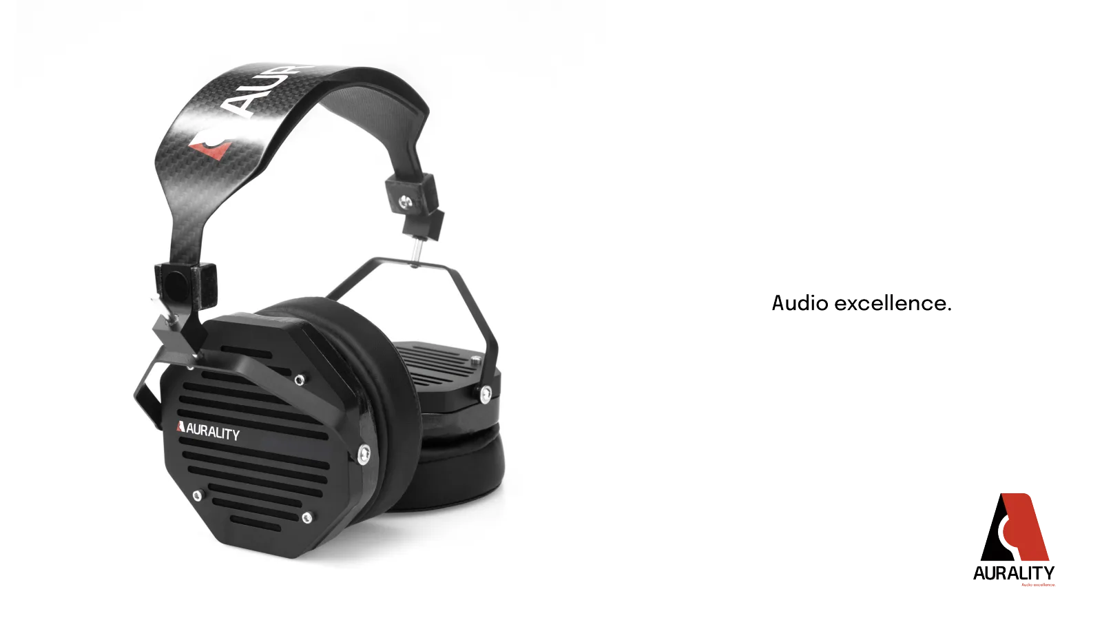 An Aurality ad: open-back over-ear headphones with a carbon-fiber AURALITY headband on a light ground, with the ‘Audio excellence.’ caption and corner lockup.