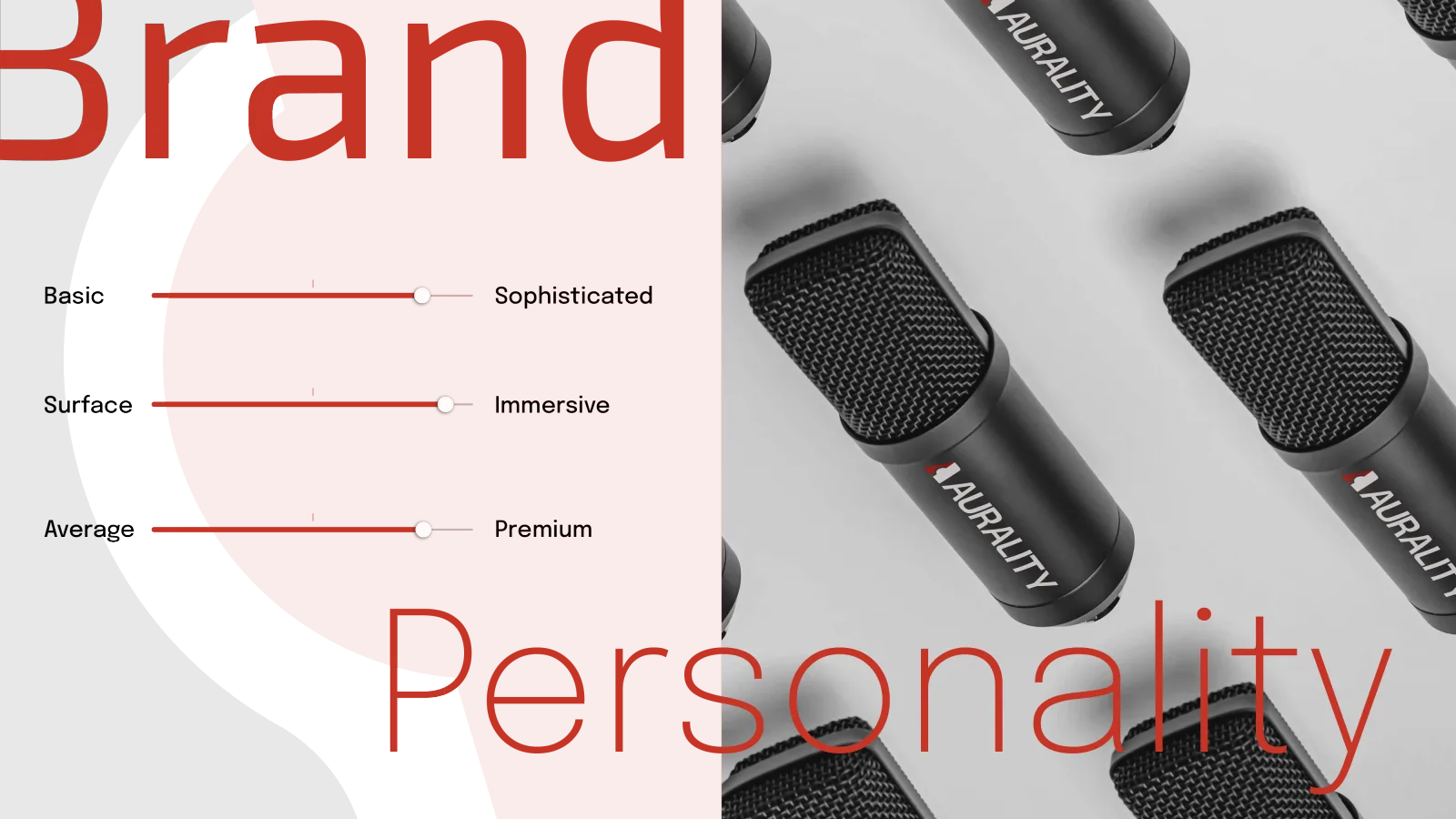 The Aurality personality slide: a values list resolving to Sophisticated, Immersive and Premium at left, an array of black AURALITY studio microphones at right, and large ‘Personality’ outline type.