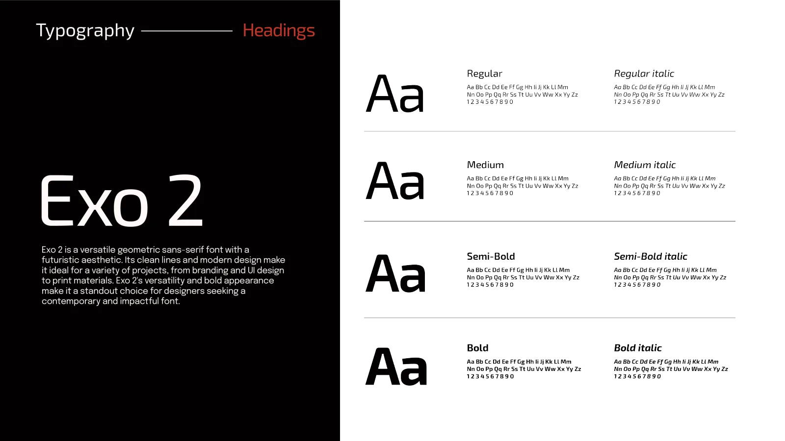 The Aurality heading-face specimen: Exo 2, a geometric sans, shown Regular, Medium, Semi-Bold and Bold with italics, beside a large ‘Aa’ specimen.