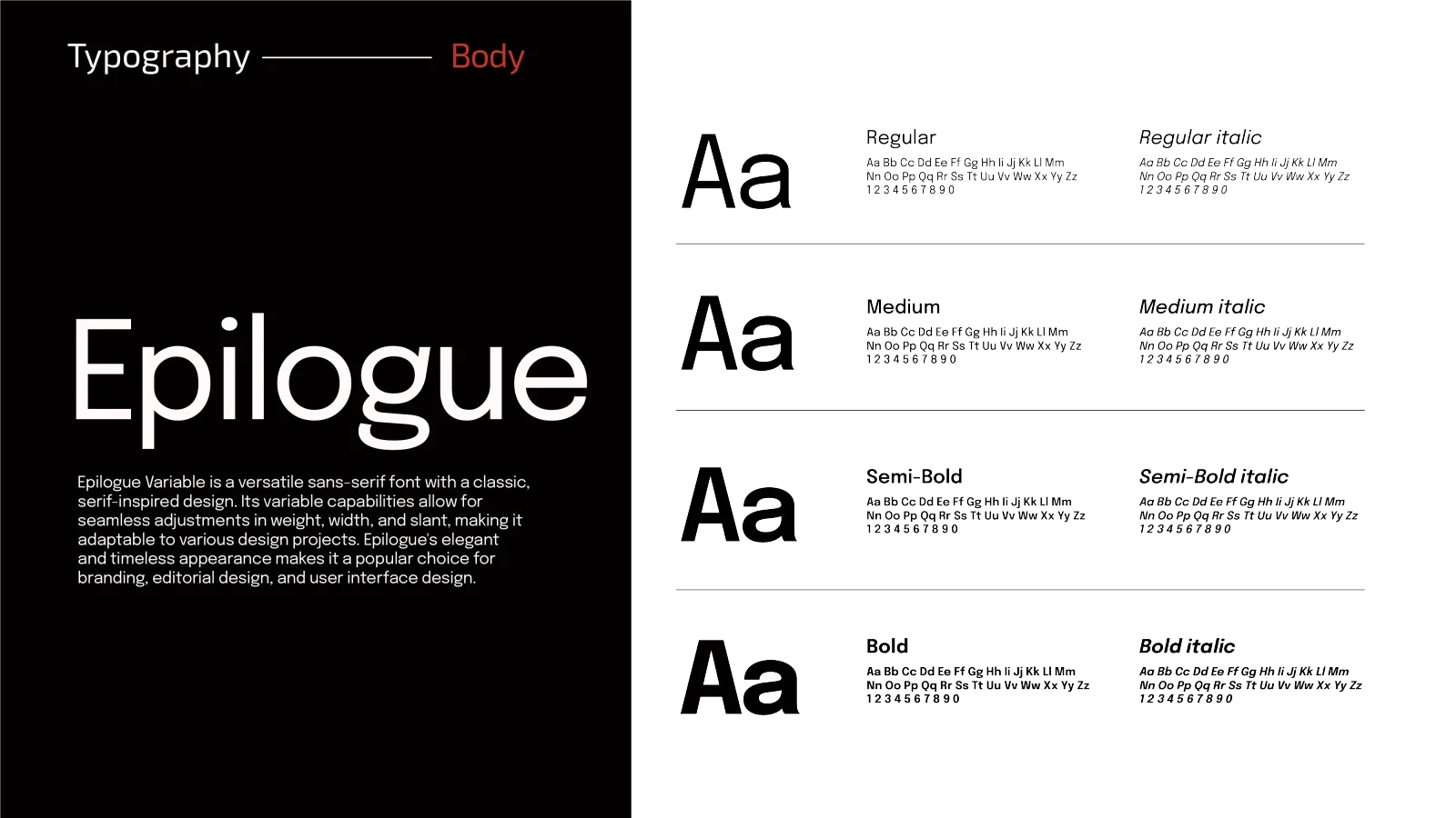 The Aurality body-face specimen: Epilogue, a humanist variable sans, shown Regular through Bold with italics, beside a large ‘Aa’ specimen.
