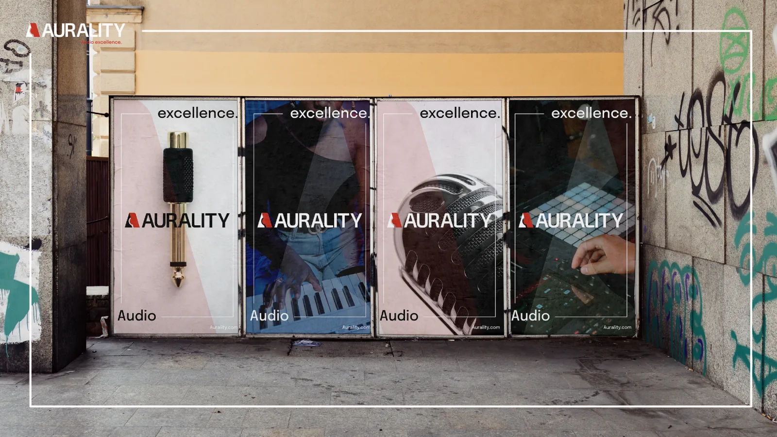 A graffiti-framed roll-down storefront shutter papered with four Aurality posters (amp, hands-on-keyboard, mic grille and circuit work), each carrying the AURALITY lockup.