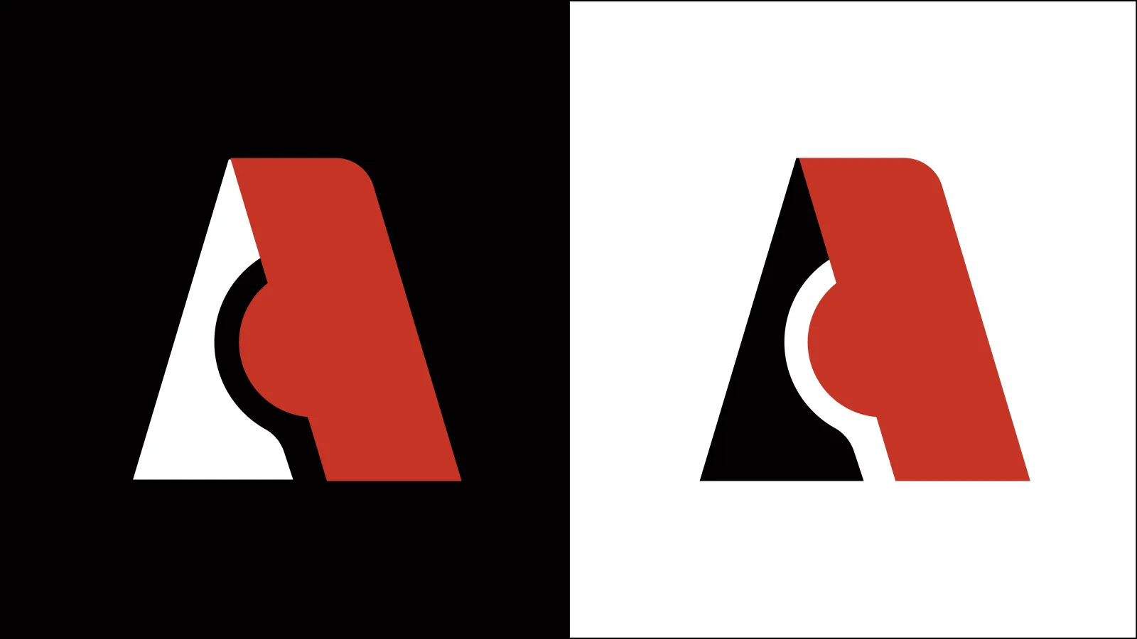 The Aurality ‘A’ monogram shown twice: on a black ground as a white-and-red mark, and on a white ground as a black-and-red mark; the knockout and positive lockup pair.