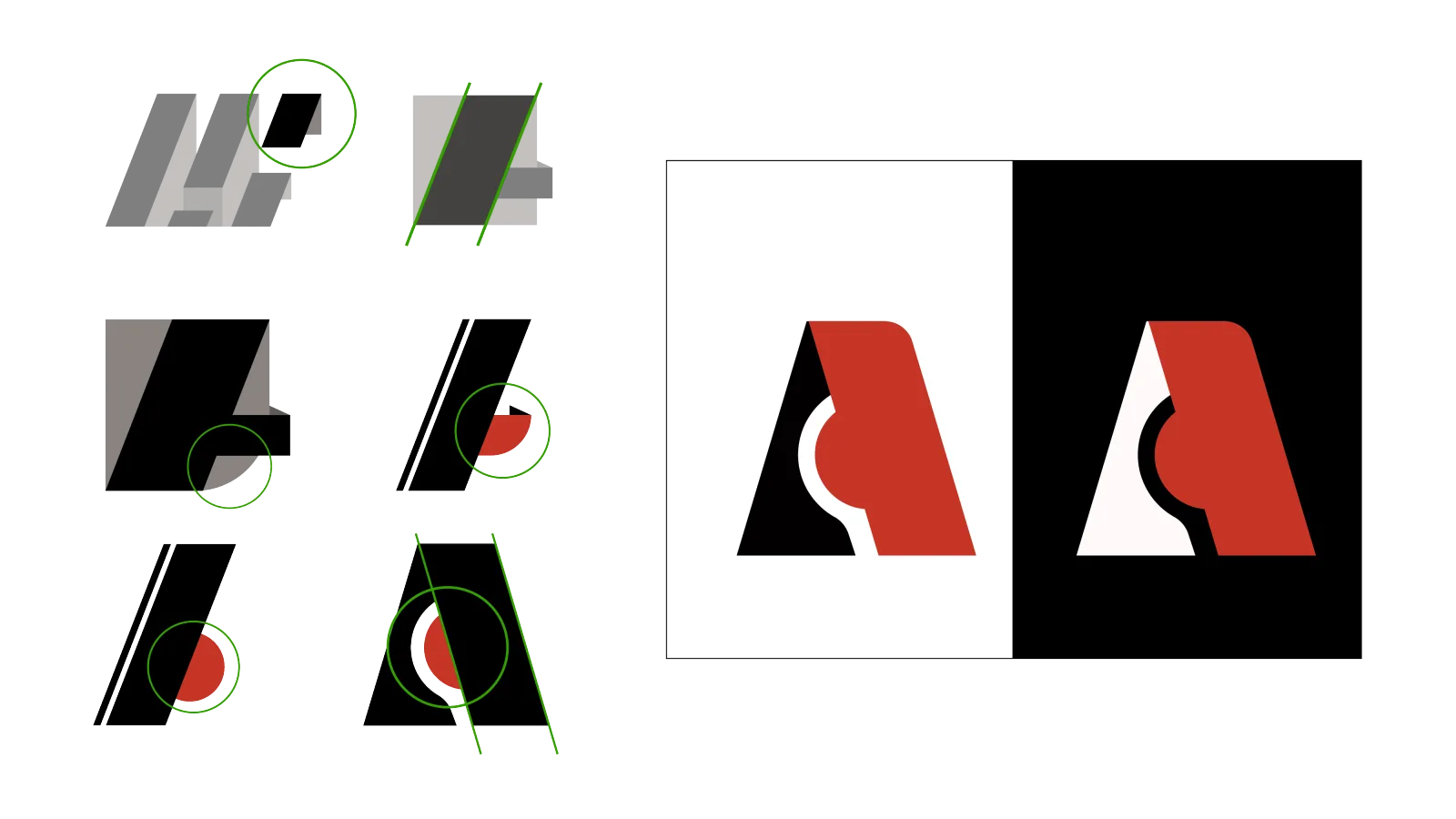 The Aurality logomark construction sheet: six build-step thumbnails in gray with green circle and diagonal guide overlays at left, resolving into the finished ‘A’ mark on a white-and-black split panel at right.