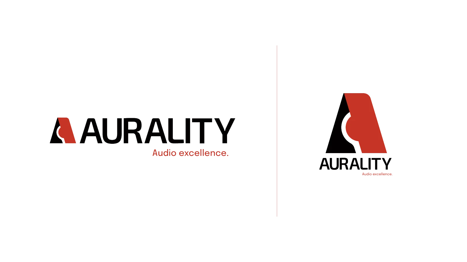 The resolved Aurality identity: the horizontal AURALITY wordmark with the red ‘Audio excellence.’ tagline at left, and the vertical stacked lockup (mark over AURALITY) at right.