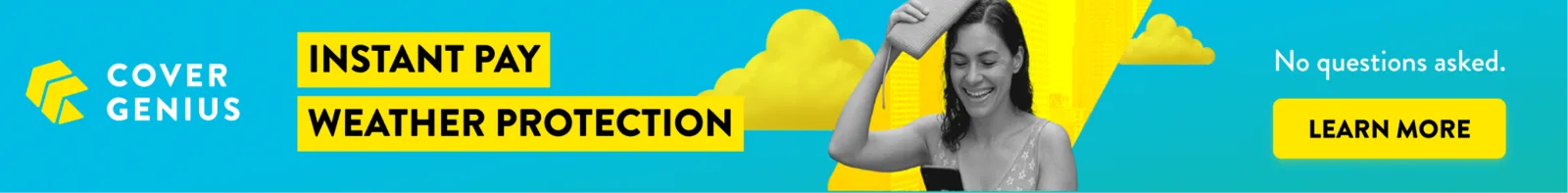 Leaderboard banner: the Weather Protection collage compressed into a wide horizontal ad with an Instant Pay headline and a Learn More button.