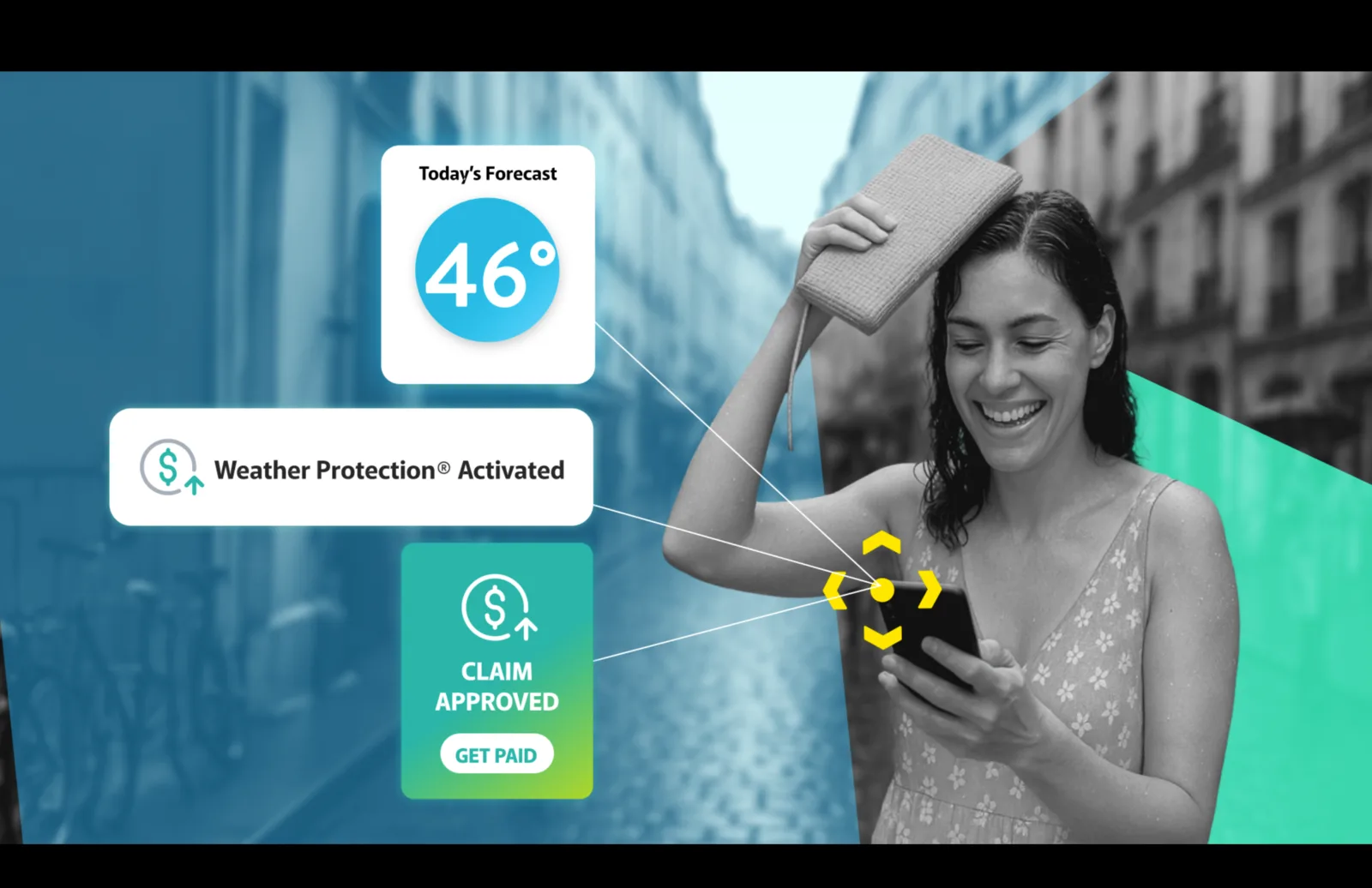 Finished frame of scene four: a black-and-white traveler smiling at her phone on a rainy street, status cards connected to the phone by a yellow focus mark.