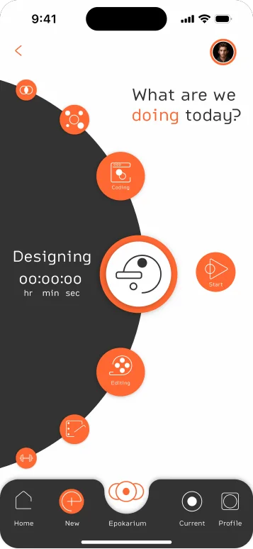 The Epok ‘what are we doing today?’ screen: work categories (Coding, Editing, Designing) orbit a central START dial reading 00:00:00, with a Start play button to the right and the Epokarium tab active in the nav.
