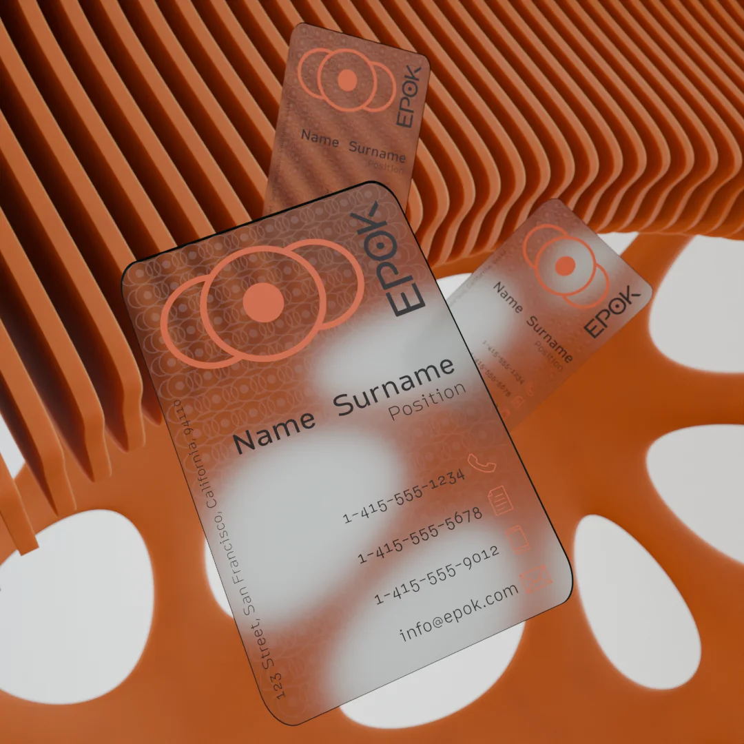 A frosted translucent Epok business card resting on an orange ridged sculpture, identity rendered as a physical object.