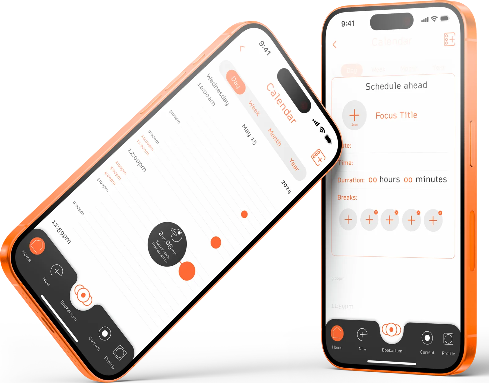 Two Epok phones on white: the Calendar day view with a scheduled ‘2 hrs 05 min’ focus block, and the ‘Schedule ahead’ screen for setting a focus title, time, duration, and breaks.