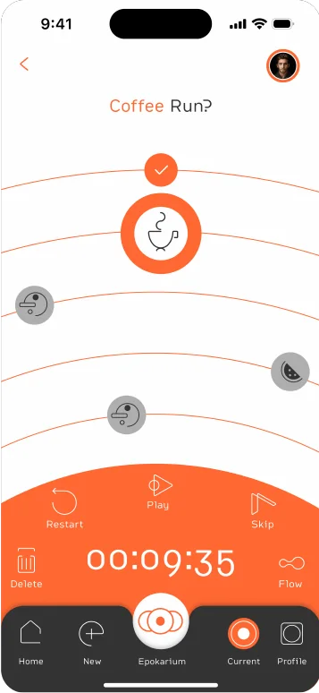 The Epok running-session screen: a ‘Coffee Run?’ task riding an orbital track, a wide orange control deck with Restart, Play and Skip, a live 00:09:35 timer, and Delete and Flow controls at the edges.