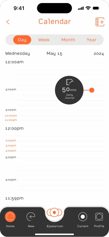 The Epok calendar day-view for Wednesday, May 15, 2024 with a 50min ‘Daily Journal’ event, a small orange sphere on the orbit track.