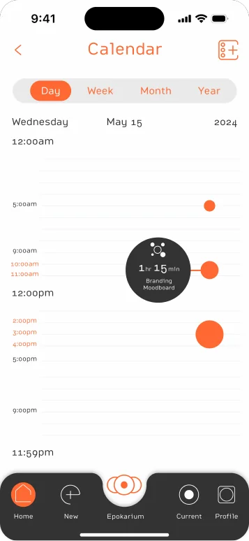 An Epok calendar day-view with a 1hr 15min ‘Branding Moodboard’ event, a mid-size orange sphere on the orbit track.