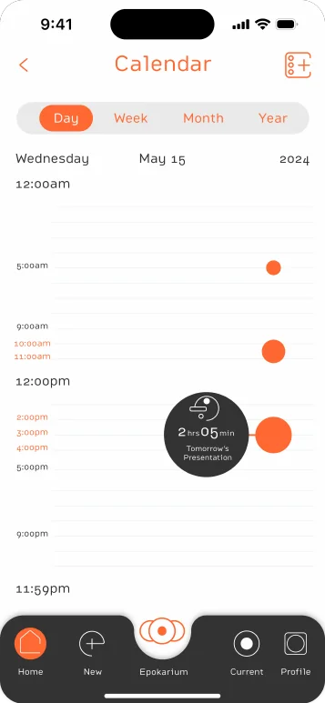 An Epok calendar day-view with a 2hrs 05min ‘Tomorrow’s Presentation’ event, the largest orange sphere on the orbit track.
