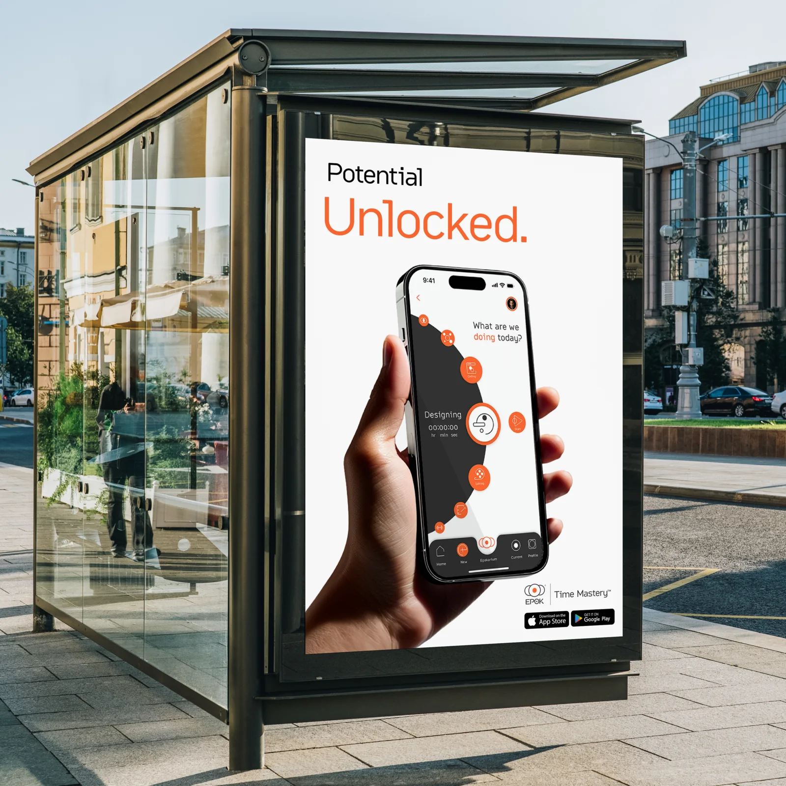 A daytime bus-shelter poster reading ‘Potential Unlocked.’ with an in-hand phone and App Store and Google Play badges.