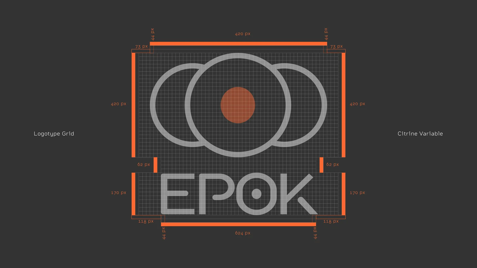 The Epok logotype construction grid: the full EPOK lockup laid over measured baselines and spacing units.