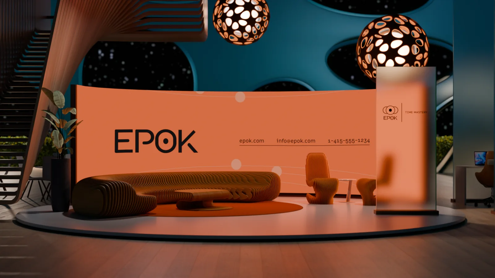 The finished, fully branded Epok lobby render: a curved EPOK wall and contact line in a warm, retro-futurist pod interior.