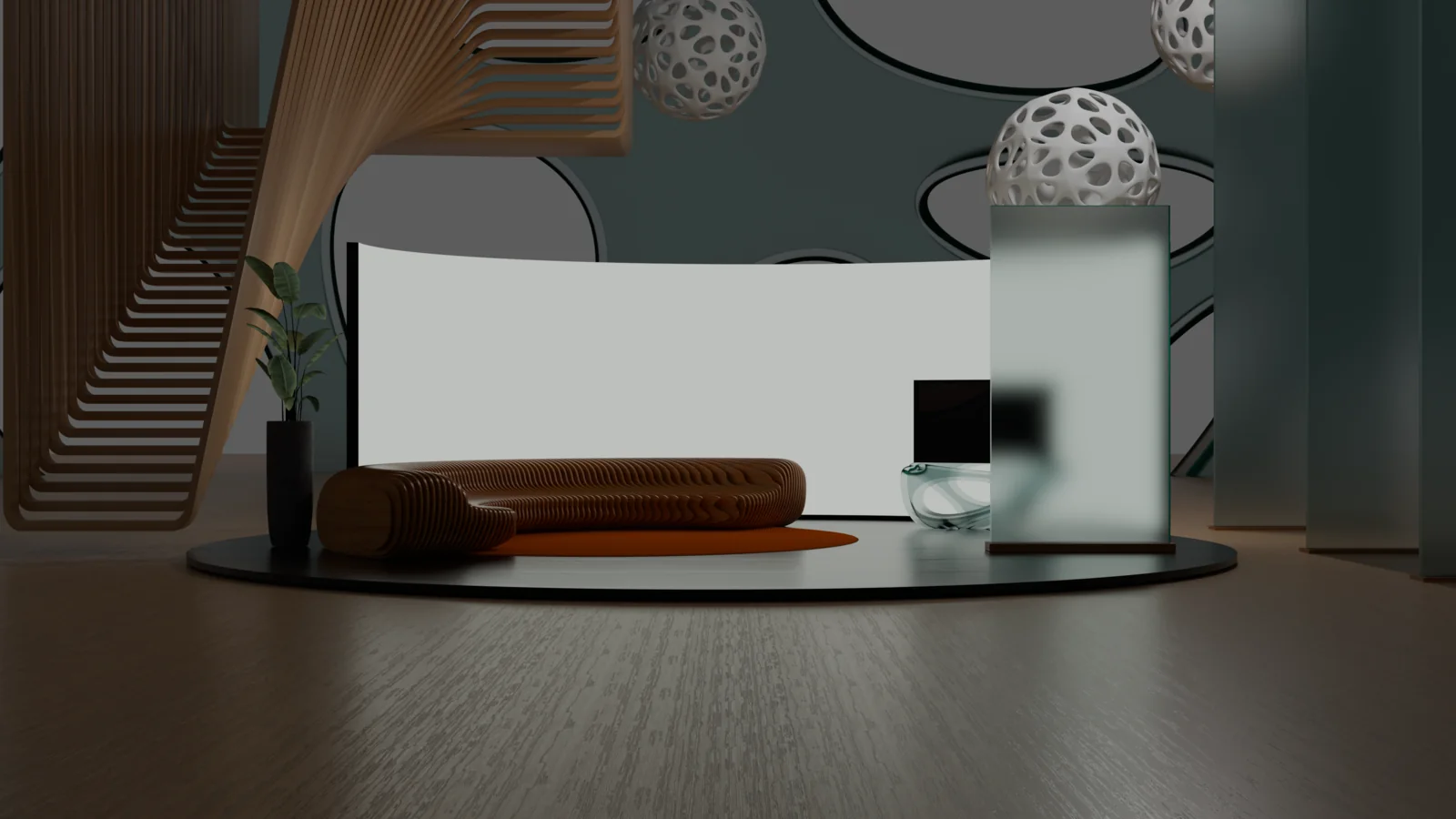 An early massing pass of the lobby render: the bare room blocked out in daylight, before any furniture is placed.