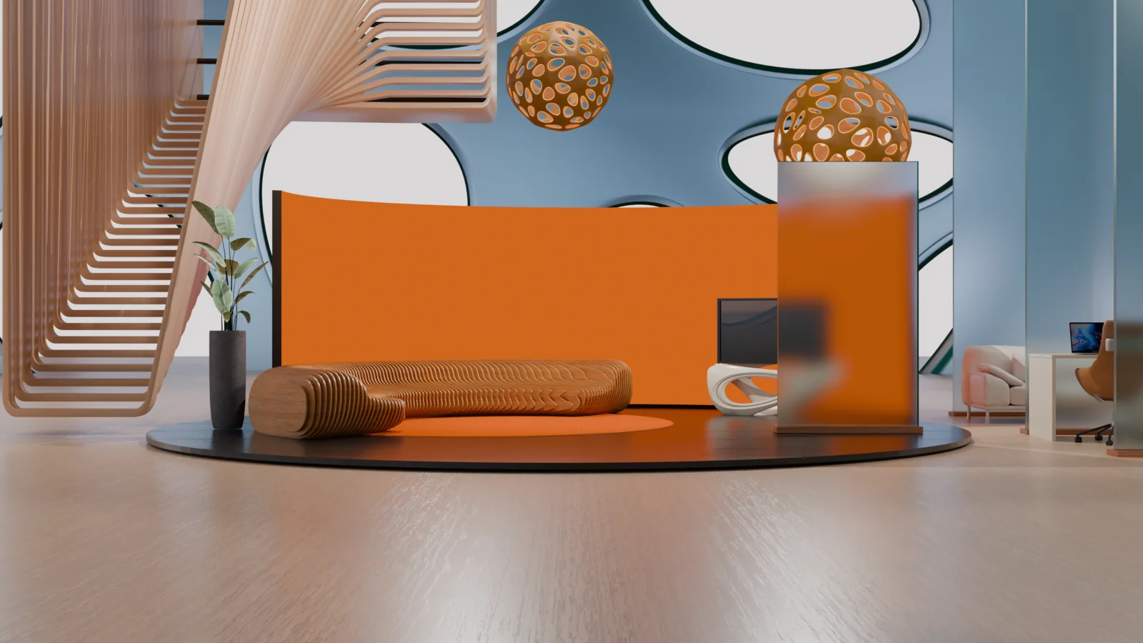 A later pass of the same lobby with the furniture placed: seating, pendant lamps and props fill the room.