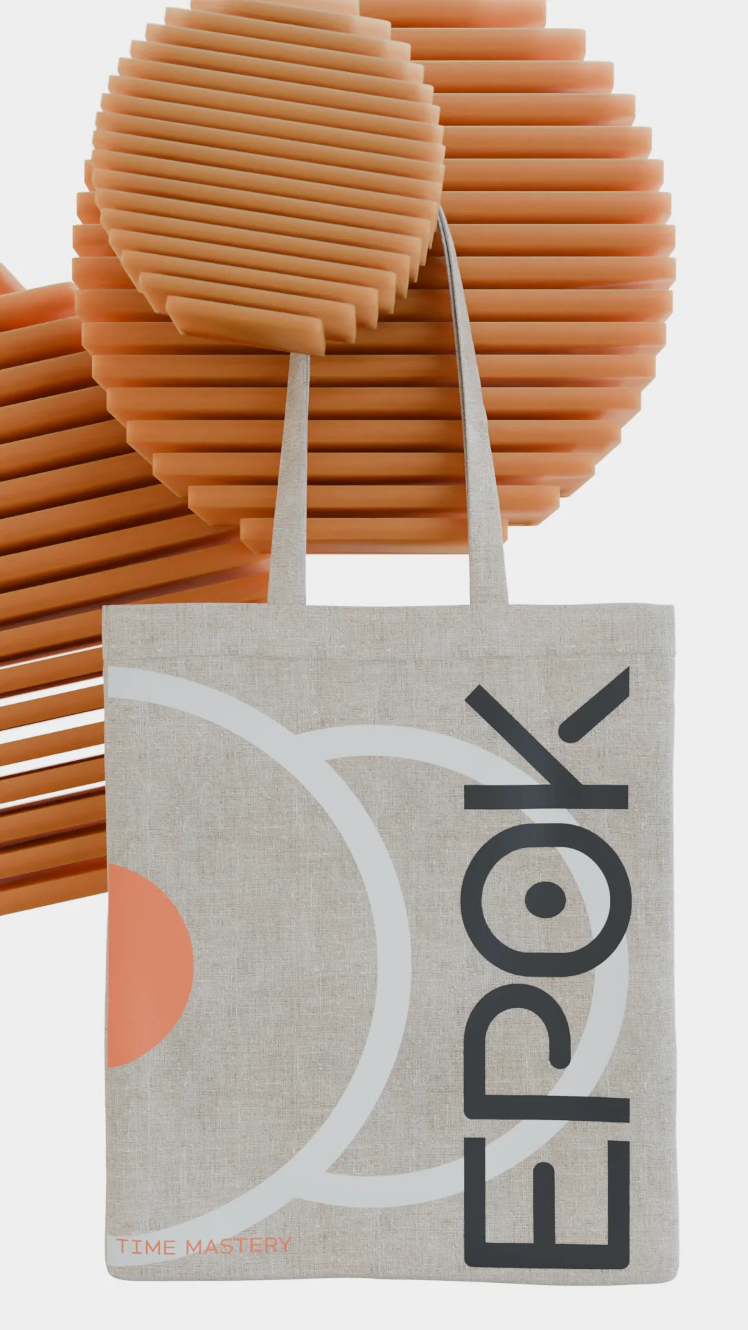 A linen Epok tote bag with a large EPOK wordmark, the orbital mark and ‘TIME MASTERY’, on orange ridged props.