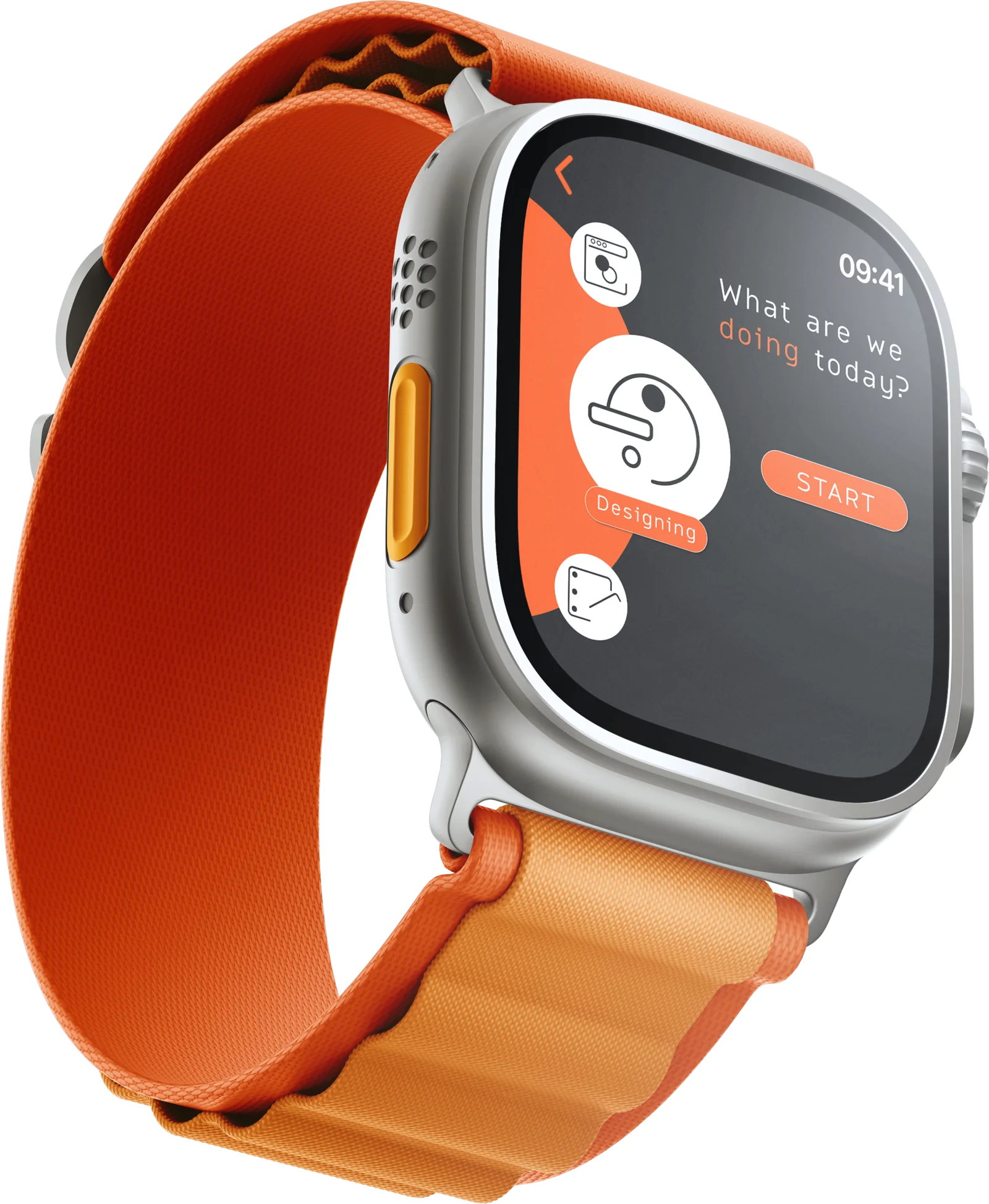 An Apple Watch Ultra with an orange band showing the Epok ‘doing today’ orbital screen and a START control.
