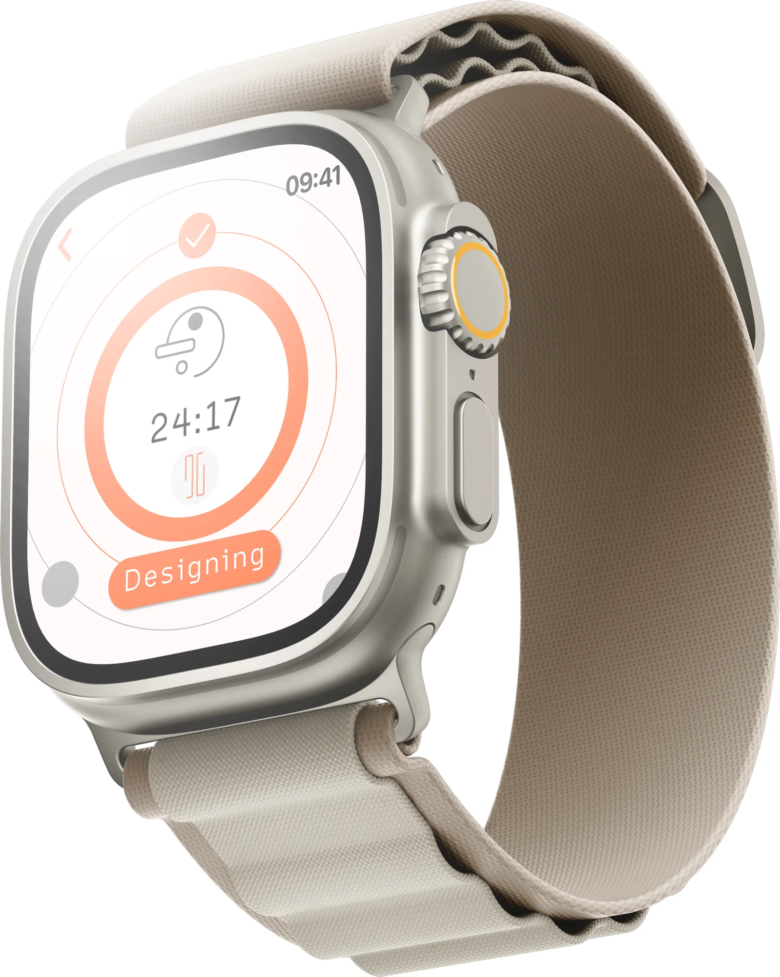 An Apple Watch Ultra with a starlight band showing a running 24:17 Epok session labelled ‘Designing’.