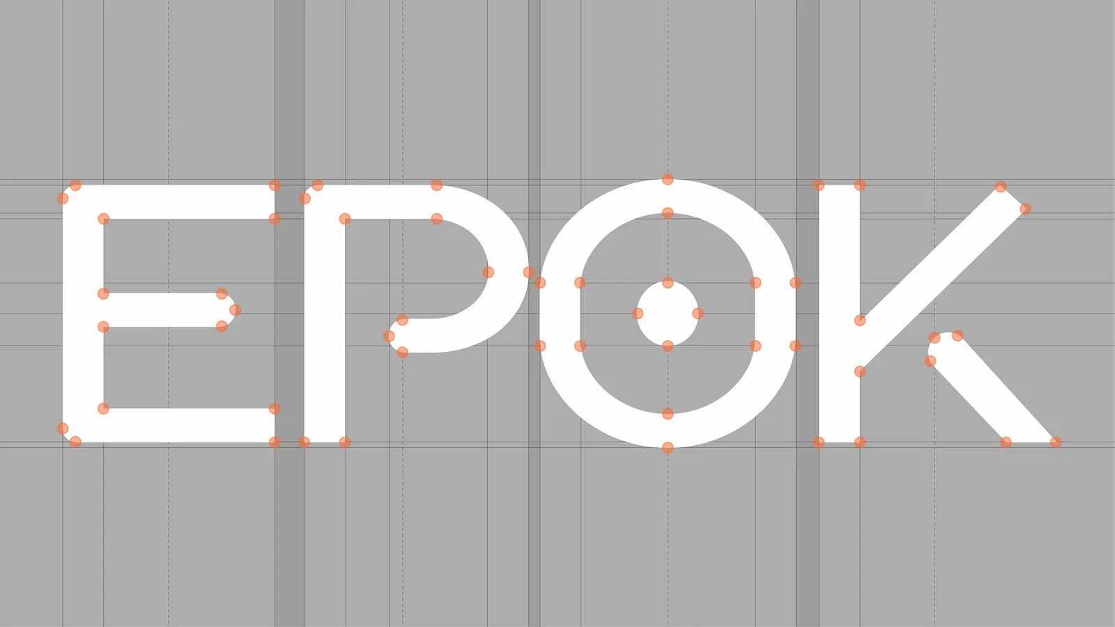 The EPOK wordmark drawn as vector node points: orange anchor dots sitting on a baseline grid, type rendered as construction.
