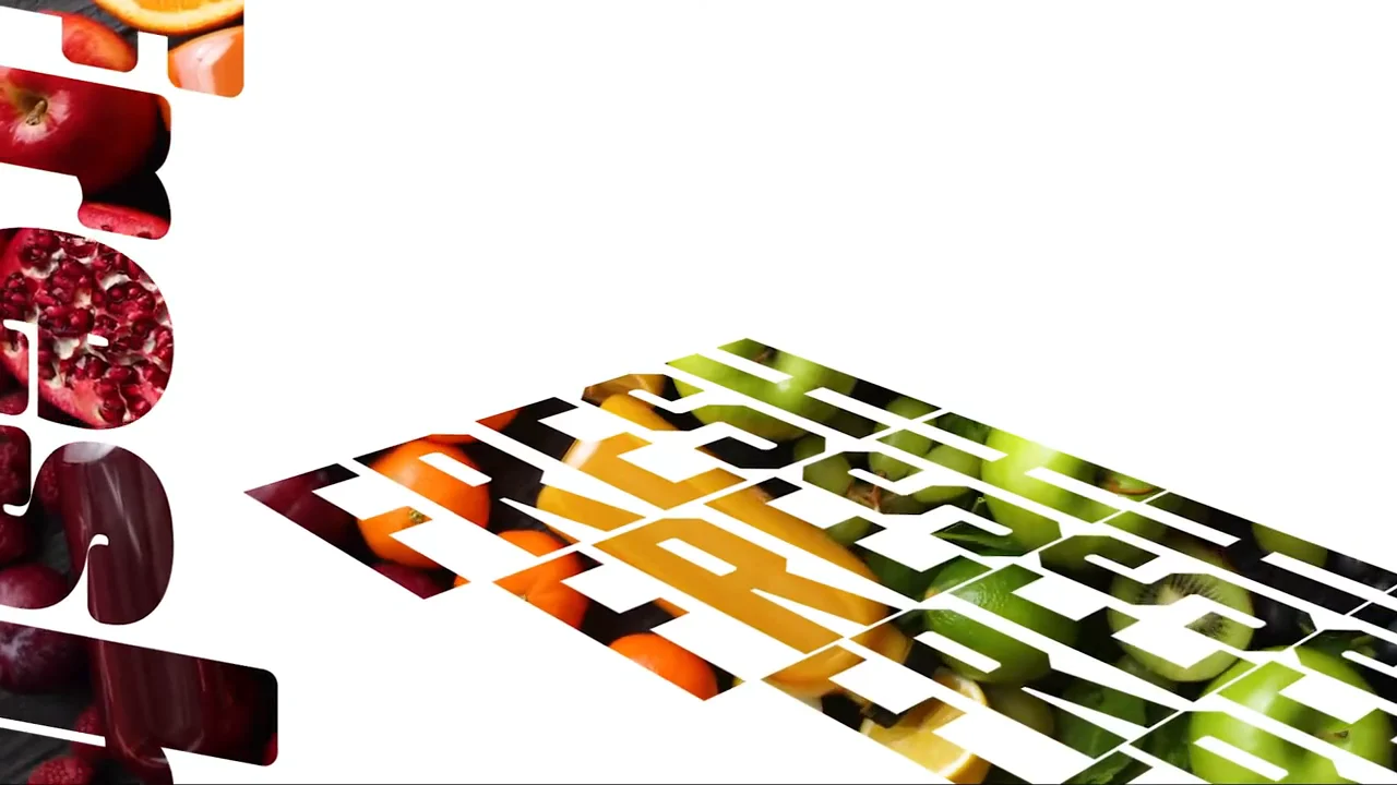 A frame from the spot: the word FRESH tumbling onto a receding 3D floor, its letters filled with pomegranate, apple, citrus, kiwi, and lime.