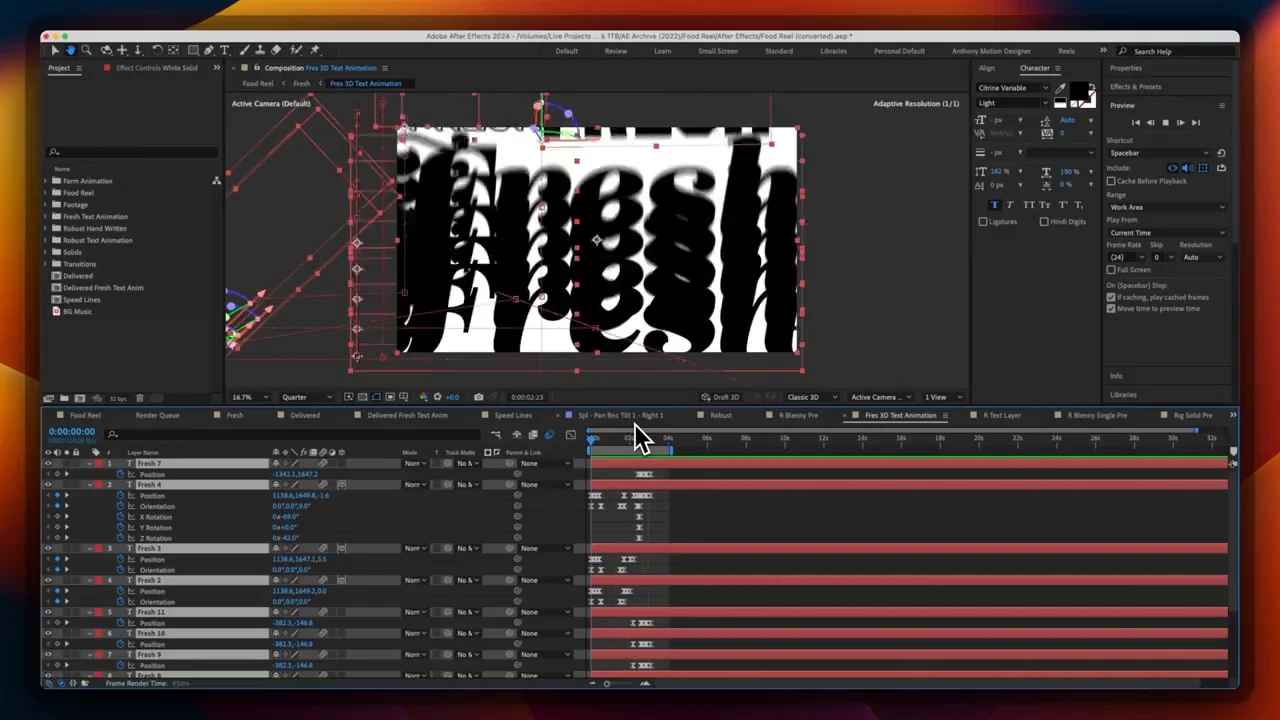 An After Effects timeline: seven duplicated FRESH text layers stacked and offset in time, each a track matte over the fruit footage, with the cascading staggered reveal building in the comp viewer.