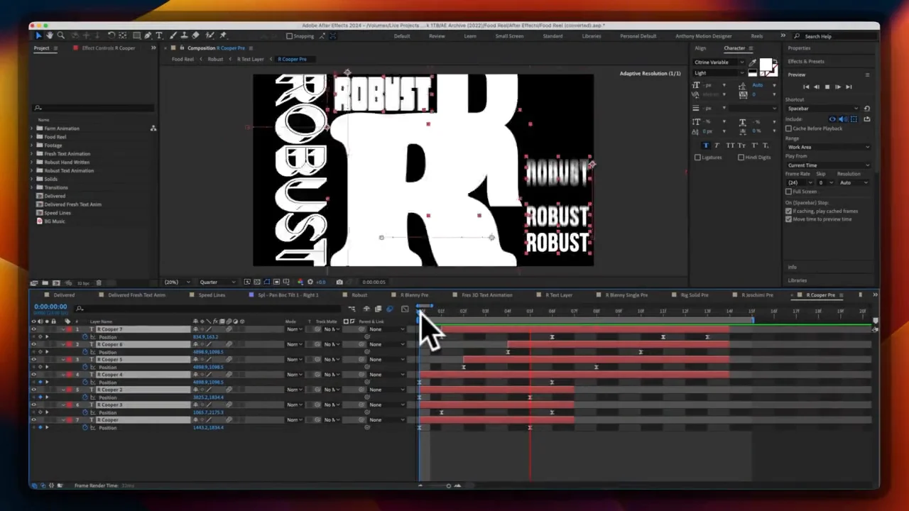 An After Effects 3D scene: a giant R letter rig for ROBUST tilted in space with Position, Orientation, and Rotation keyframes, echoed ROBUST wordmarks receding behind it on a Pan-Behind-Tilt camera.
