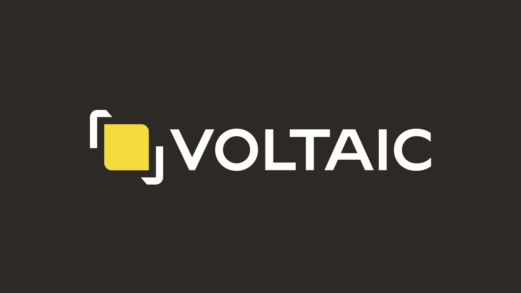 The primary Voltaic horizontal lockup on a dark charcoal ground: the yellow shuffle-mark and slate brackets beside the wordmark VOLTAIC in white.