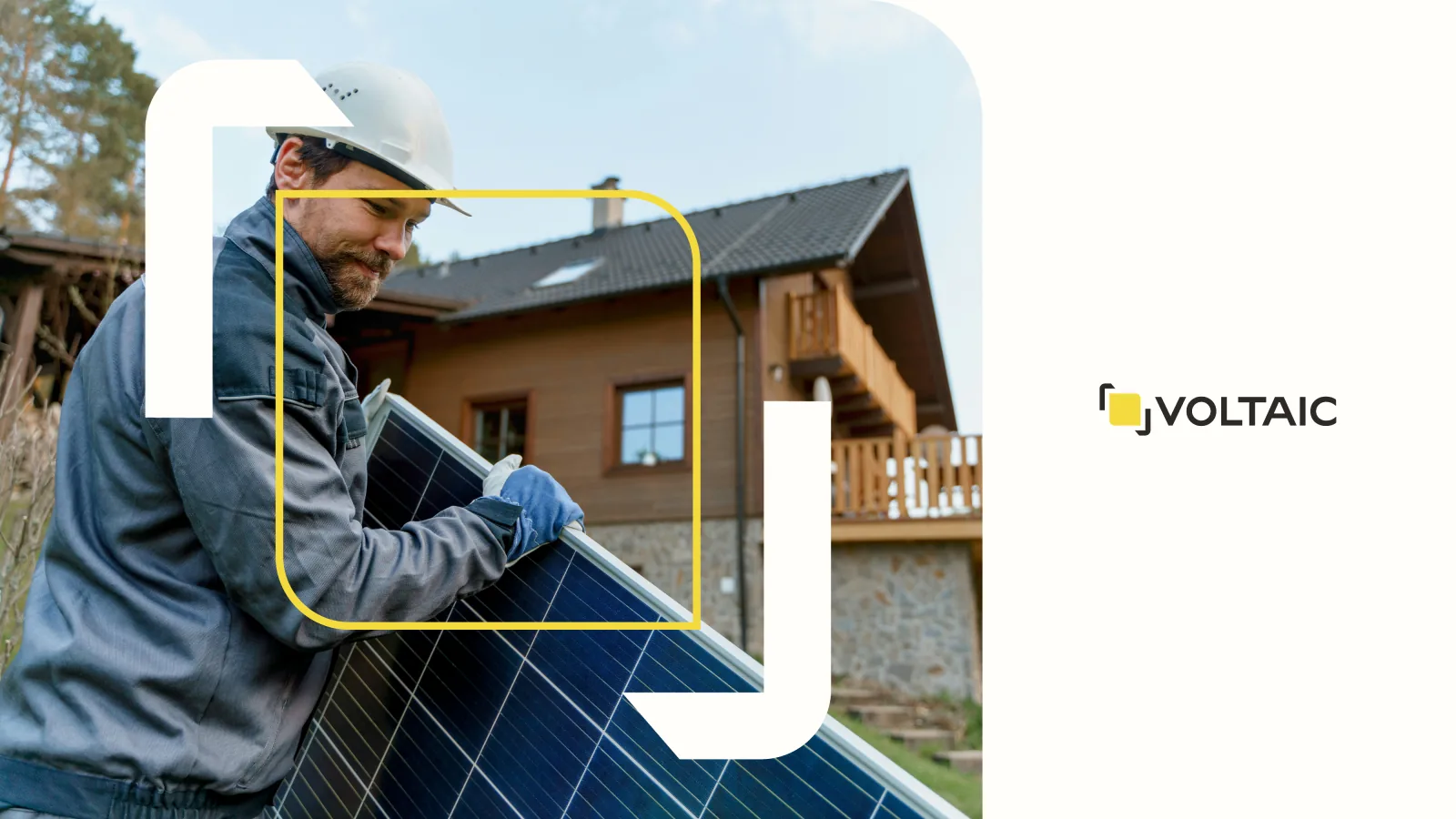 A Voltaic ad: a hard-hatted installer mounting a solar panel in front of a timber chalet home, the panel framed in yellow, beside a white panel with the VOLTAIC lockup.