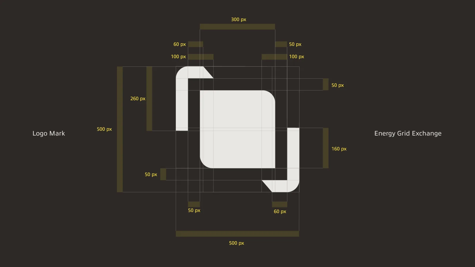 The Voltaic logomark construction on a dark ground: the two offset rounded forms and corner brackets laid over a grid with yellow pixel callouts (300, 500, 260, 160, 100, 60, 50 px), labelled Logo Mark and Energy Grid Exchange.