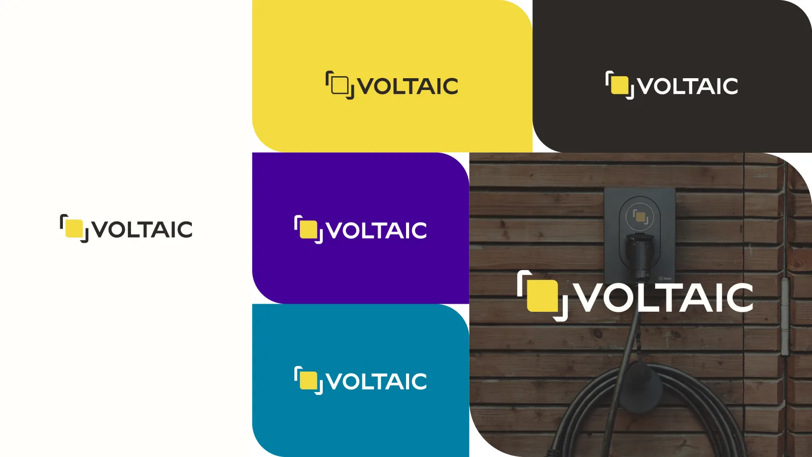 The Voltaic lockup applied across cream, yellow, violet, teal, and dark swatch tiles, plus a photo of the white mark on a wall-mounted EV charger on a wood-slat wall — the one mark holding across every ground.