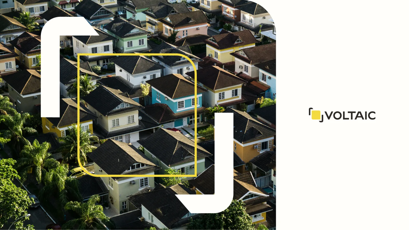 A Voltaic ad: an aerial of a suburban neighborhood with one teal-roofed house framed in yellow, beside a white panel with the VOLTAIC lockup; the community sharing one grid.