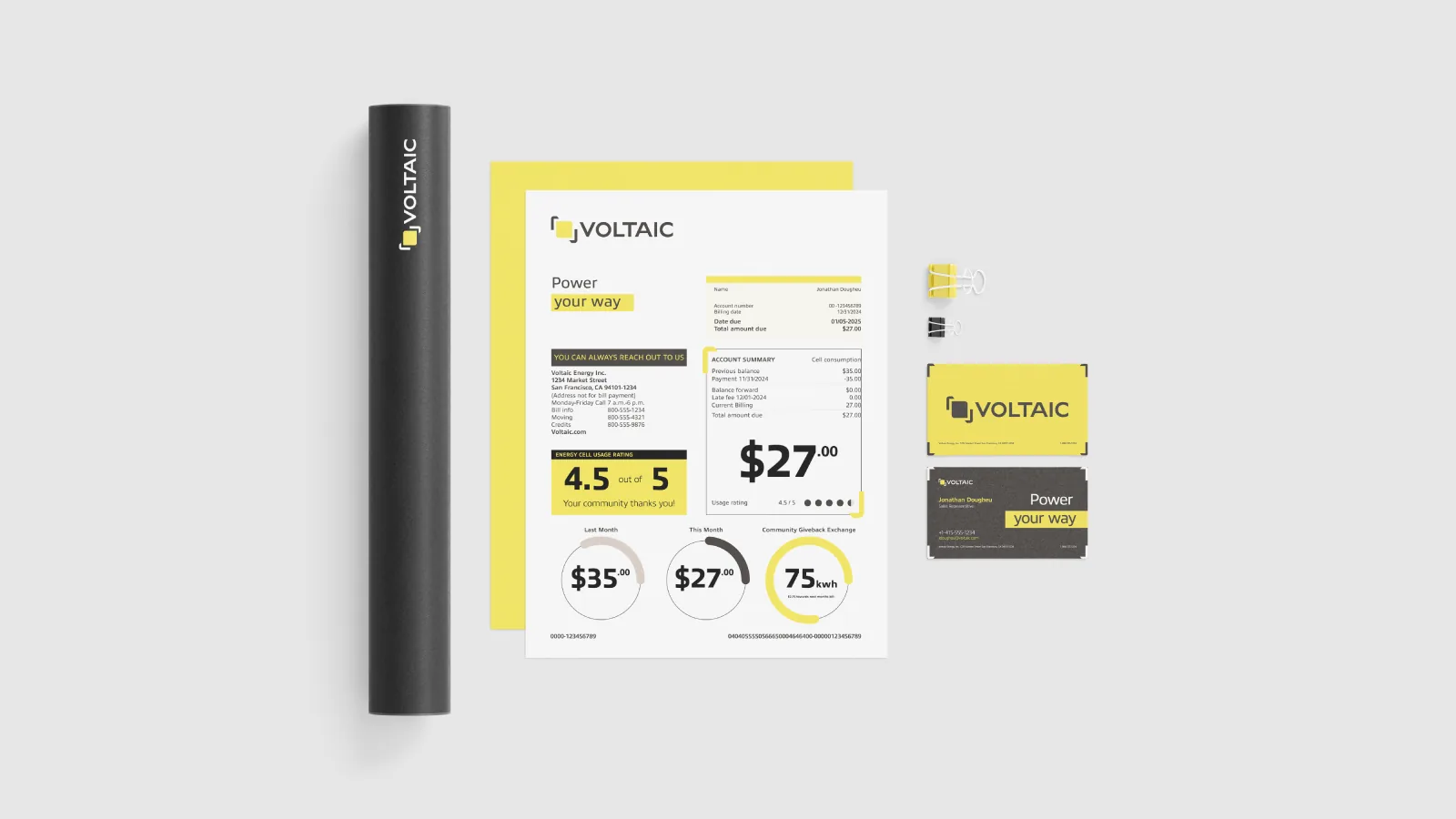 A Voltaic stationery flat-lay on light grey: a rolled poster tube reading VOLTAIC, a utility bill showing $27.00, 4.5 out of 5, and ‘Community Giveback Exchange 75 kWh / Power your way’, and a business card.